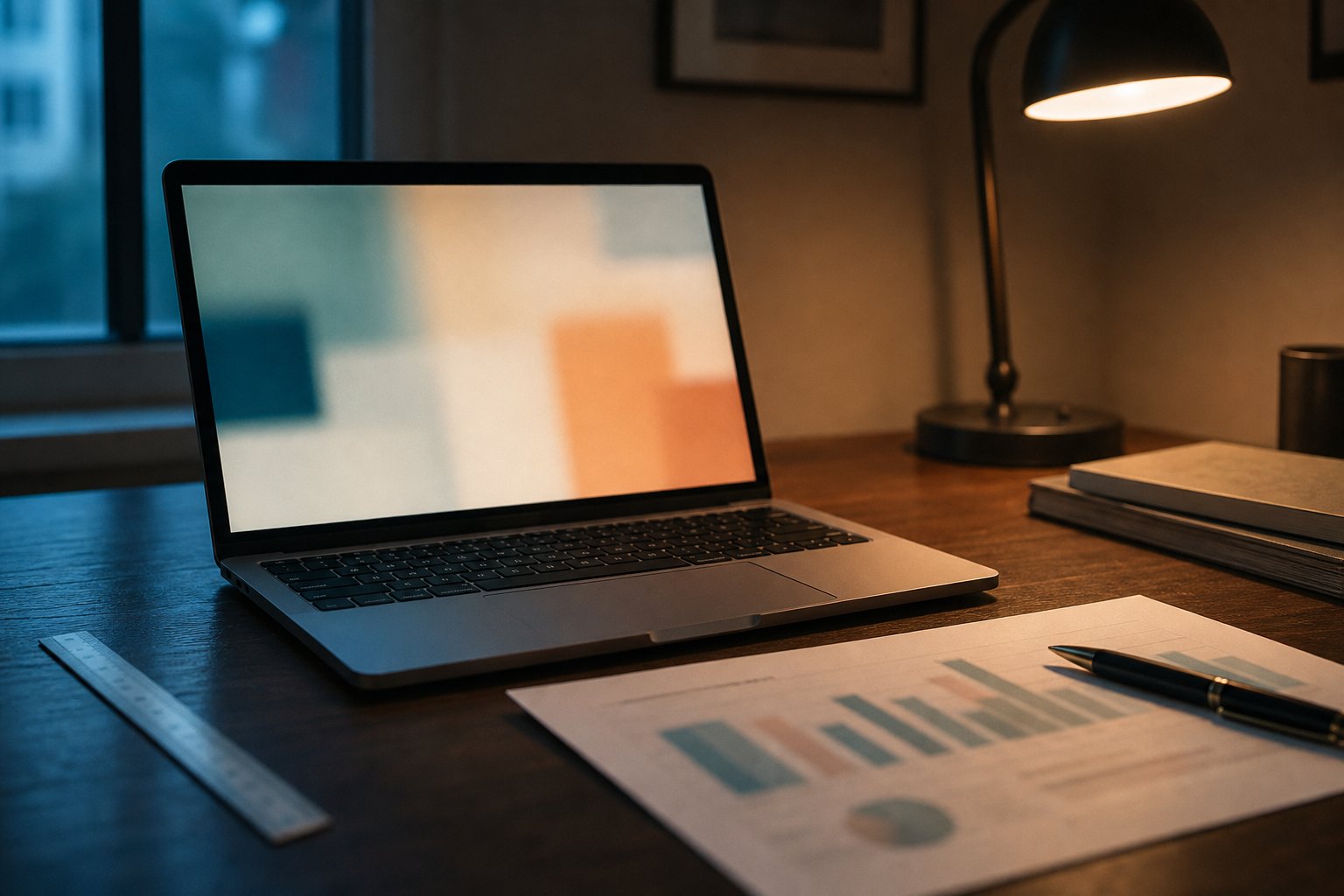 Bureau in lamplicht met laptop, afgedrukte grafiek en liniaal
