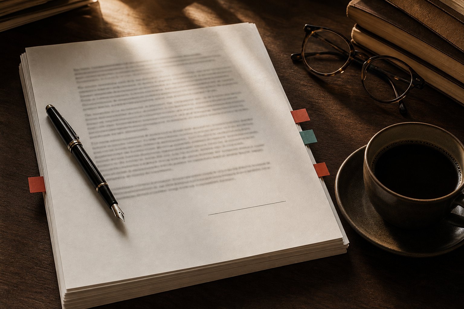 Dik geprint contract met rode en groene bladwijzertabbladen, een vulpen, leesbril en koffie in warm middaglicht