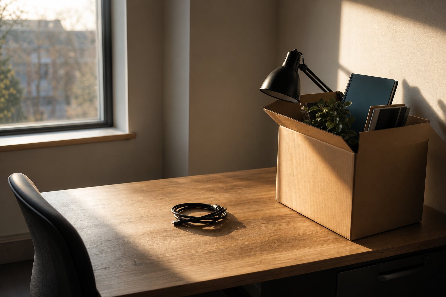 Bijna leeg bureau in laag avondlicht met een verhuisdoos met lamp, plant en notitieboeken; alleen een opgerolde kabel blijft achter