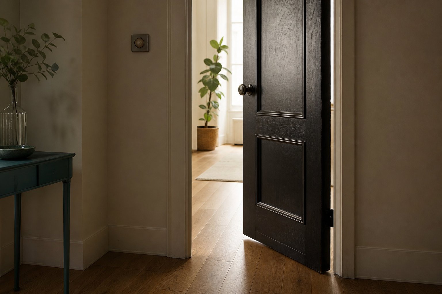 Halfopende donkere deur in een stille gang met warm daglicht dat door de kier op de houten vloer valt