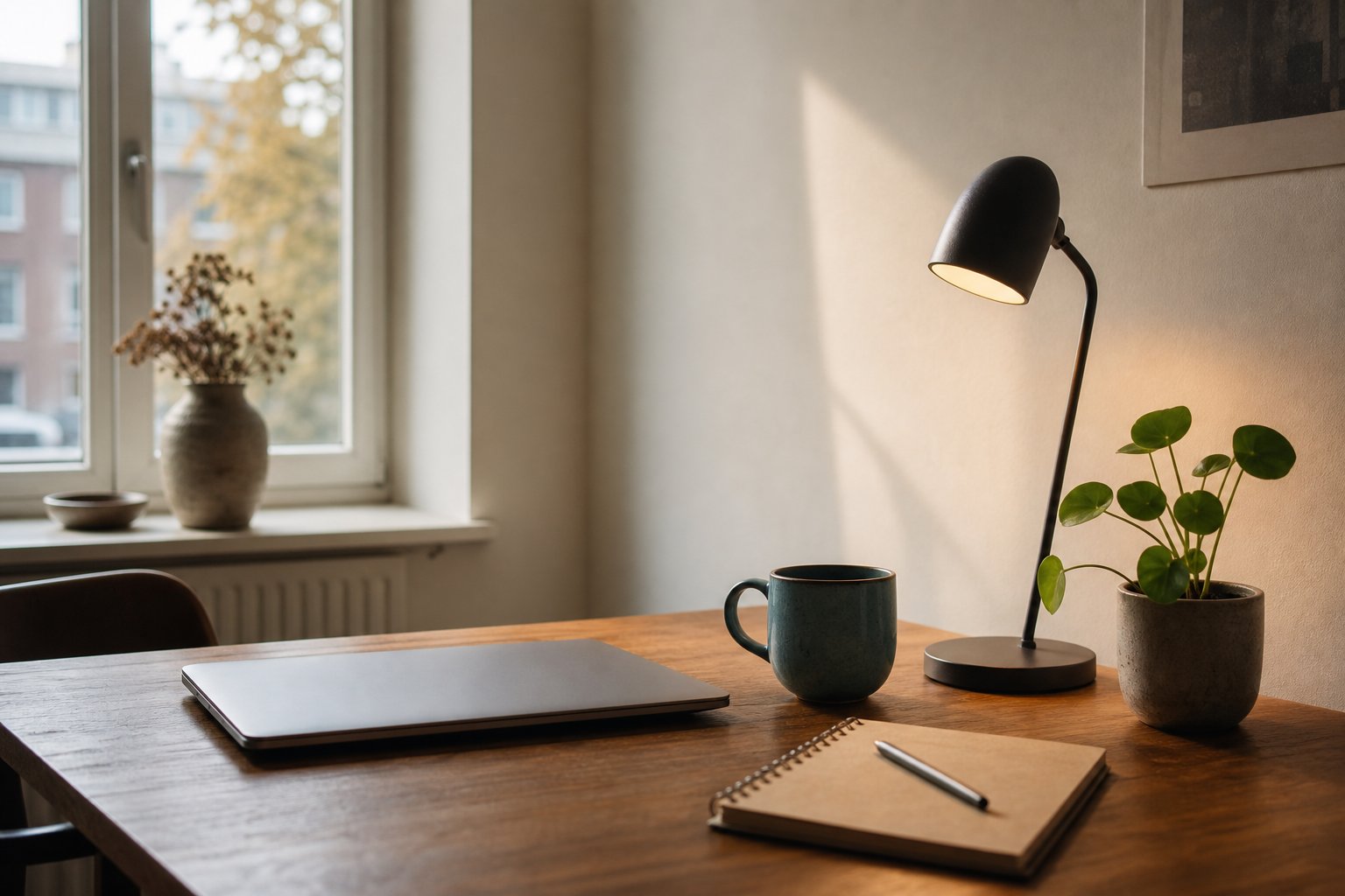 Rustige thuiswerkplek in een Nederlands appartement: houten bureau, gesloten laptop, warme lamp en plant voor een raam